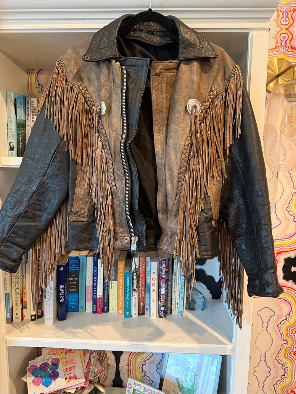 Fringed Two-Tone Leather Jacket - Brown & Black